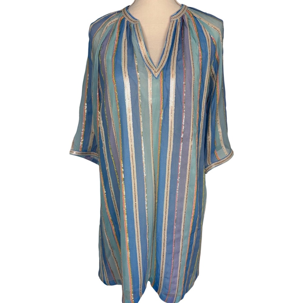 Bella Tu Sequin Tunic Dress Blue Striped V-Neck Resort‎ Wear NEW Medium kaftan